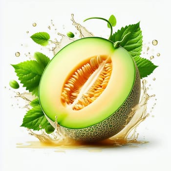 Fresh honeydew melon, surrounded by splashing water and juicy green leaves. Perfect for advertising campaigns on freshness, drinks and tropical indulgence.