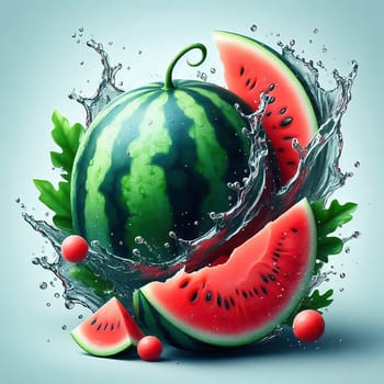 Fresh, juicy watermelon, cut in half and staged with splashing water and green leaves. Perfect for summer advertising or refreshing drinks.