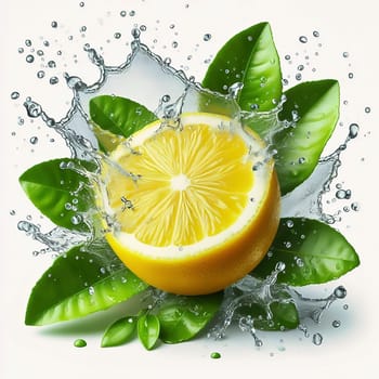 Fresh, juicy lemon, cut in half and surrounded by sparkling water and green leaves. Perfect for advertising, soft drinks and food packaging.