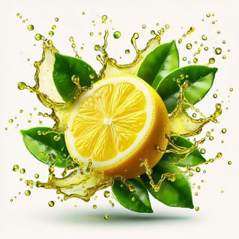 Fresh, juicy lemon, cut in half and surrounded by sparkling water and green leaves. Perfect for advertising, soft drinks and food packaging.