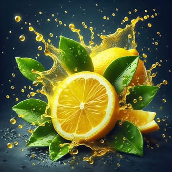 Juicy, halved oranges with refreshing drops of water and green leaves that perfectly reflect freshness and summer enjoyment. Ideal for advertising!