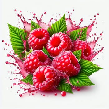 Fresh, juicy raspberries with green leaves, surrounded by splashing drops of water. Perfect for advertising or food marketing, lively, dynamic and appetizing.
