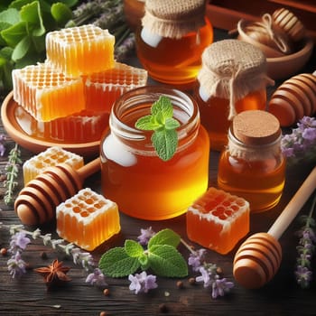 Various honey products, including jars of organic honey, honeycombs and honey spoons, arranged on a rustic wooden table. Perfect for promoting nature!