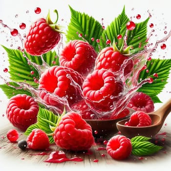 Fresh, juicy raspberries with green leaves, surrounded by splashing drops of water. Perfect for advertising or food marketing, lively, dynamic and appetizing.