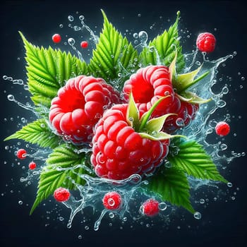 Fresh, juicy raspberries with green leaves, surrounded by splashing drops of water. Perfect for advertising or food marketing, lively, dynamic and appetizing.
