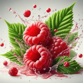 Fresh, juicy raspberries with green leaves, surrounded by splashing drops of water. Perfect for advertising or food marketing, lively, dynamic and appetizing.