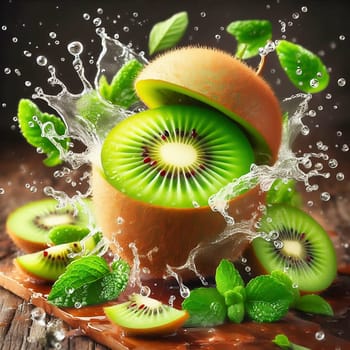 A juicy, green kiwi surrounded by splashing water and leaves. Dynamism and freshness make this image ideal for nature, food or wellness advertising.