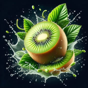 A juicy, green kiwi surrounded by splashing water and leaves. Dynamism and freshness make this image ideal for nature, food or wellness advertising.