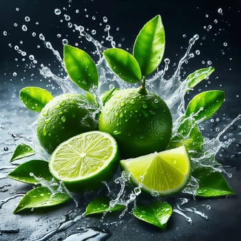 Tangy and fresh! Bright green limes, surrounded by dripping water, with vibrant leaves. Ideal for advertising all about freshness, enjoyment and exoticism.