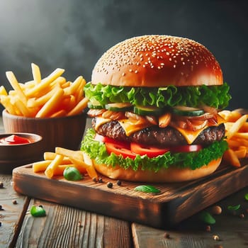 Juicy cheeseburger with crispy lettuce, tomatoes, gherkins and caramelized onions, served with golden fries on a rustic wooden board.