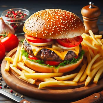 Juicy cheeseburger with crispy lettuce, tomatoes, gherkins and caramelized onions, served with golden fries on a rustic wooden board.