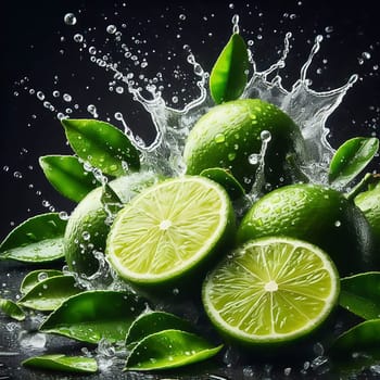 Tangy and fresh! Bright green limes, surrounded by dripping water, with vibrant leaves. Ideal for advertising all about freshness, enjoyment and exoticism.