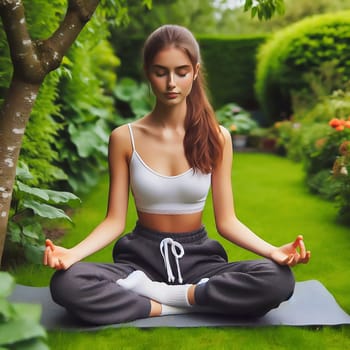 A moment of peace: a young woman meditates cross-legged in the greenery, surrounded by plants and flower pots. Ideal for advertising wellness, nature and mindfulness.