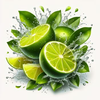Tangy and fresh! Bright green limes, surrounded by dripping water, with vibrant leaves. Ideal for advertising all about freshness, enjoyment and exoticism.
