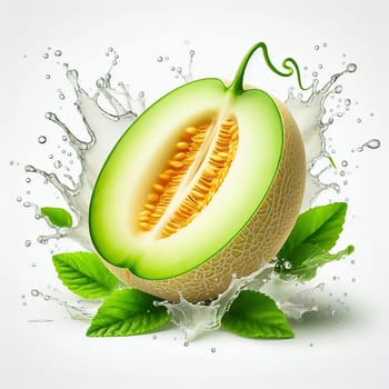Fresh honeydew melon, surrounded by splashing water and juicy green leaves. Perfect for advertising campaigns on freshness, drinks and tropical indulgence.