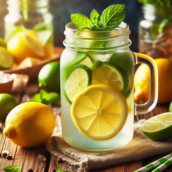 A refreshing glass with lemon and lime slices, mint leaves and a straw, framed by fresh fruit in a sunny garden.