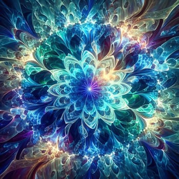 Abstract, colorful fractal art with flowing, wave-like patterns. Bright glass textures in blue, green and orange for modern designs and backgrounds.