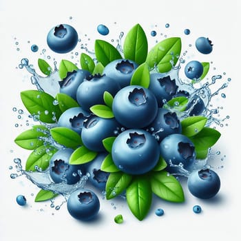 Fresh, blueberries with green leaves and drops of water in dynamic movement, emphasizing the freshness, liveliness and attractiveness of the fruit.