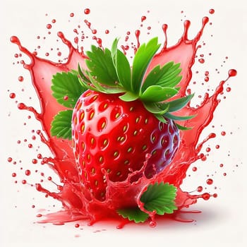 Fresh strawberry with green leaves, surrounded by splashing water. Vivid colors and dynamic movement make the image ideal for advertising and food marketing.