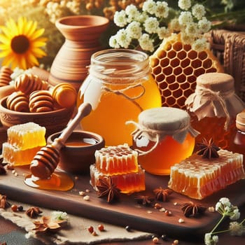 Various honey products, including jars of organic honey, honeycombs and honey spoons, arranged on a rustic wooden table. Perfect for promoting nature!