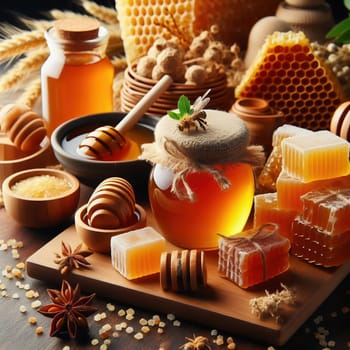 Various honey products, including jars of organic honey, honeycombs and honey spoons, arranged on a rustic wooden table. Perfect for promoting nature!