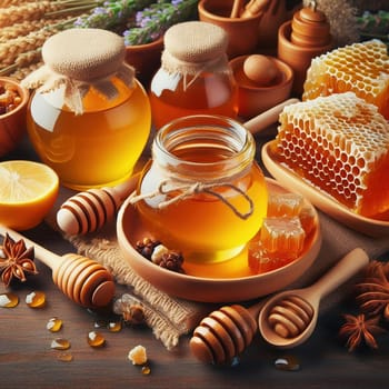Various honey products, including jars of organic honey, honeycombs and honey spoons, arranged on a rustic wooden table. Perfect for promoting nature!