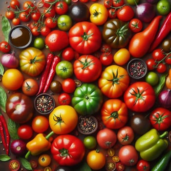 Colorful variety: Tomatoes in different colors and shapes, densely arranged. Perfect for themes such as fresh food, natural products and healthy eating.