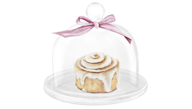 Cinnabon, cinnamon watercolor. Hand drawn cinnamon bun with cream cheese under the cloche. Classic American sweet. Clip art isolated on white background. For coffee shop menu, pastry shop and sweet pastry recipes. High quality illustration