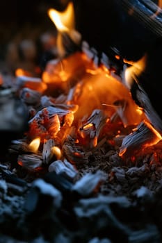 Warm light dances across glowing embers, enhancing the cozy atmosphere of an outdoor gathering under the night sky. Generative AI.