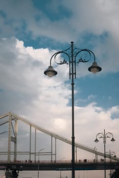 KYIV, UKRAINE Pedestrian bridge over Dnypro river in Kyiv. High quality photo