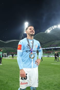MELBOURNE, AUSTRALIA - MAY 31: Marco Tilio of Melbourne City after winning the A-League Men Grand Final match between Melbourne City and Melbourne Victory at AAMI Park on May 31, 2025, in Melbourne, Australia.
