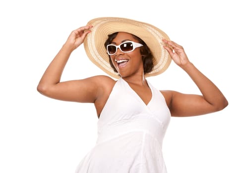 pretty black woman wearing white summer outfit on white background