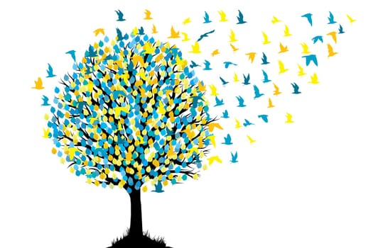 Abstract tree with birds flying from it