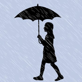 Silhouette of a girl walking through the rain with an umbrella