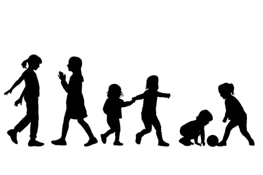 Silhouettes of kids playing isolated on white background