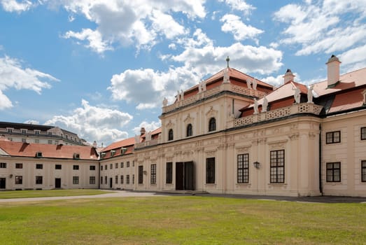 Street view of entrance to palace and museum complex of Lower Belvedere at Vienna, Austria, in midday sunshine