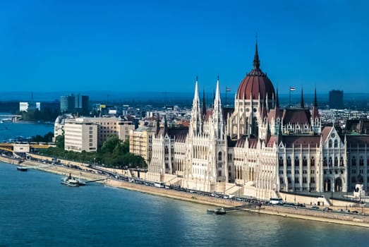 View of parliament building in Budapest, Hungary from the opposite bank of the Danube river