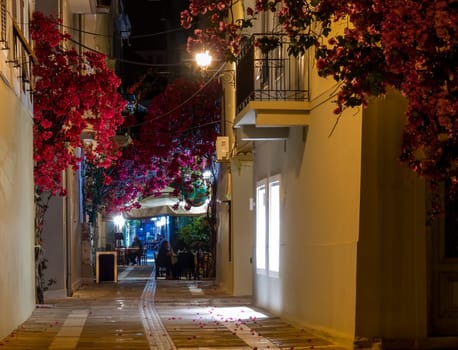 View of a street and cafe in Nafplio, Greece, at night. Empty street, bougainvillaea in full blossom, quiet Mediterranean alleyway in the evening.
