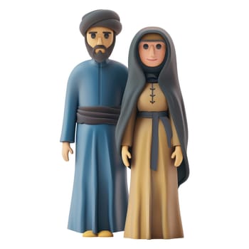 Stylized illustration of a man and a woman in traditional, likely historical, attire. The couple is depicted as cartoon characters in a standing pose, offering a cultural representation. The colors are muted tones.