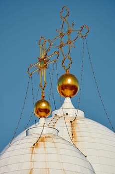 domes with golden crosses of the Prince Vladimir Cathedral on a sunny day. High quality photo