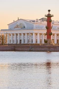ice drift on the Neva River with a view of the arrow of Vasilyevsky Island with rostral columns, the Winter Palace, St. Isaac's Cathedral, the Savior on Spilled Blood. High quality photo