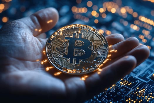 Bitcoin coin in a man's palm. Concept of cryptocurrency and virtual money.