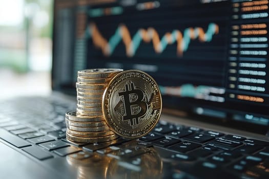 Stack of gold coins with bitcoin sign on laptop keyboard with stock market charts on screen. Stock market fluctuations, investments.