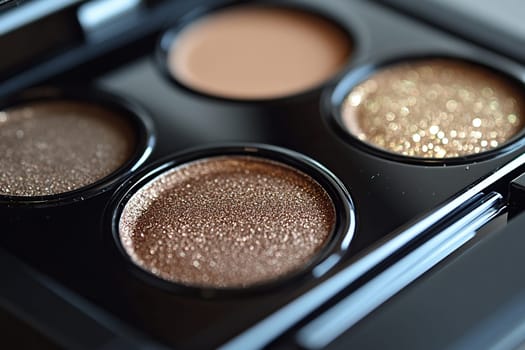 Natural brown eyeshadow shades in a black palette. Texture and color captured in high detail, emphasizing beauty.