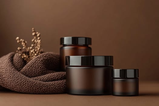 Stylish design of cosmetic jars in coffee color with burlap. Brown glass cosmetic jars displayed on a textured fabric background.