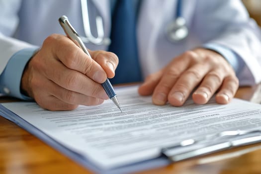 Close-up of a male doctor's hands while filling out a medical record. A male doctor writes with a pen on paper.
