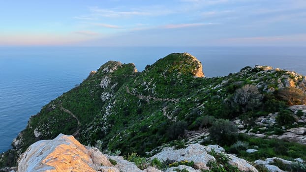 A stunning view from a rocky cliff overlooking the serene sea, surrounded by lush, vibrant vegetation