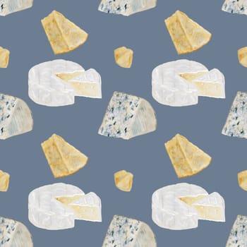 Cheese watercolor pattern. Hand drawn illustration brie, dor blue, parmesan. Clip art of food on white background. Ideal for packaging of farm organic product or restaurant menu design. High quality illustration