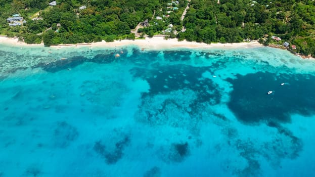 Aerial view of a quiet beach with lush greenery and crystal-clear waters transitioning from turquoise to deep blue. Praslin, Seychelles.
