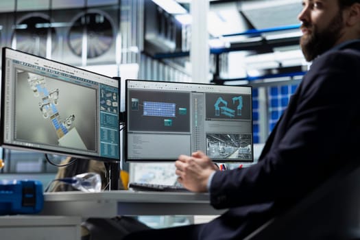 Professional business consultant analyzing assembly line for solar energy, highlighting the integration of industrial expertise and sustainable intelligence in photovoltaics renewable power.